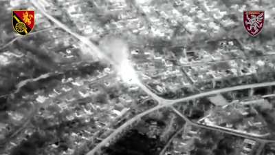 A Russian truck fitted with a RBU-6000 anti-submarine missile launcher is destroyed by a Ukrainian FPV drone from the Ukranian 93rd Brigade. Near Alchevsk. [Published 17/03/2024]