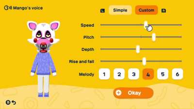 My voice settings for Mangle in the new Tomodachi Life