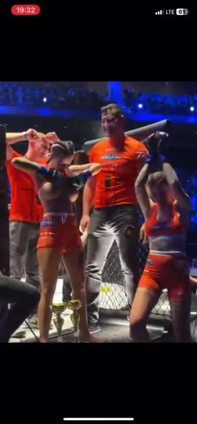 A different video of those 2 female MMA fighters flashing their boobs at the crowd in Prague