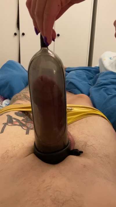 Pumping up his short cock to see if he can be made useful&hellip; 
