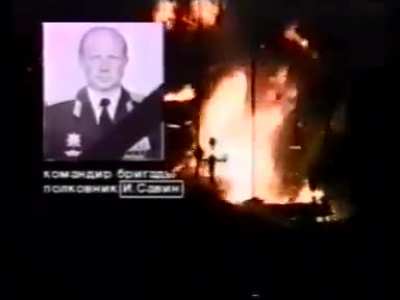 Russian vehicles and chechen buildings burning during the failed new years eve 1994 attack on grozny to the tune of panicing and distraught russian radio comms and "Ave maria".