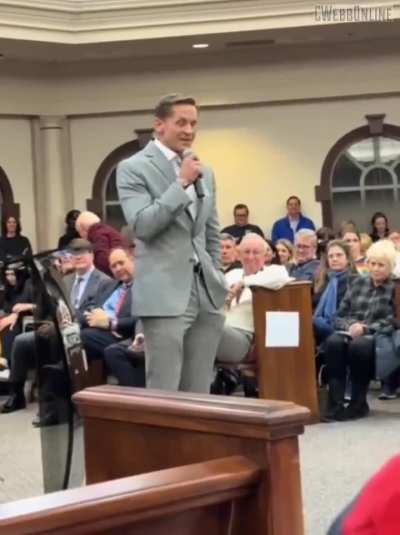 A woman asks Rep McCormick (Roswell—safe red) about Trump declaring himself “king” & what he will do to stop him
