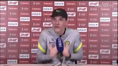 Tuchel, having repeated his comments about the horror of war and focusing on sports, finally gets exasperated by questions about Abramovich/the situation in Ukraine: "You have to stop, I'm not a politician... You have to stop asking me these questions, I 