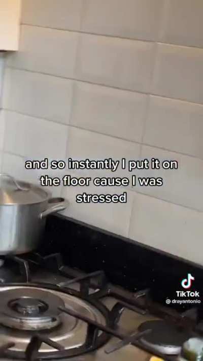 Guy set a hot pan on a wood floor