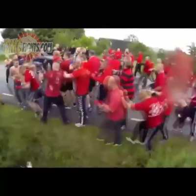 Hardcore Soccer fans meet up to fight, 30v30 street fight style.