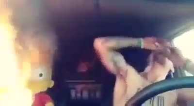 Chaotic party inside car featuring Bart Simpson