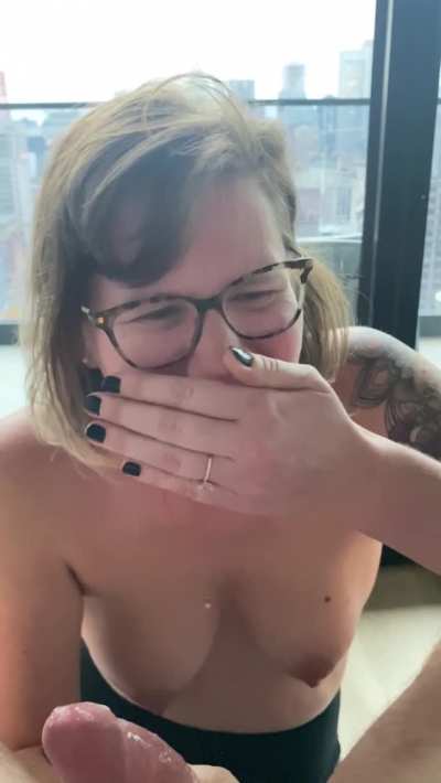 Cute girl with glasses loves sucking dick but gags on cum