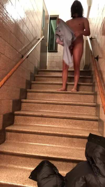 Stripping down in a stairwell!
