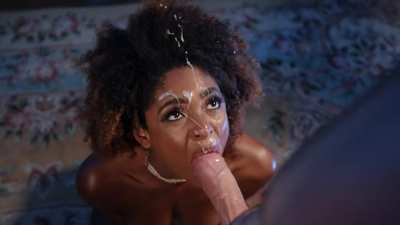(MF) She doesn't flinch away during a facial. Keeps sucking after and swallows cum