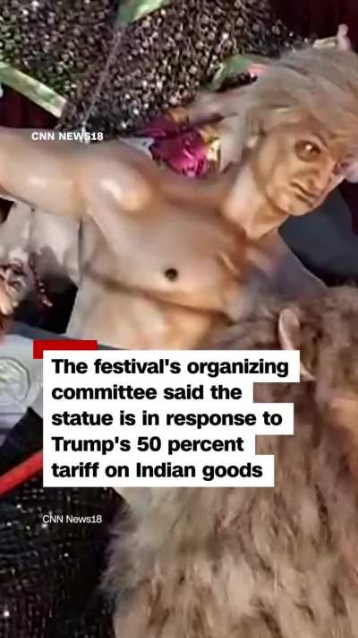 Local artist in India portrayed President Trump depicted as the "demon" for the Durga Puja art Indian festival celebration as the committee told, that decision was not random and it was response to Trump's 50 percent tariff on Indian goods: "Our PM consid