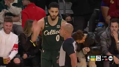 [Highlight] Jayson Tatum hits the catch and shoot triple and gives a fan a special moment as he barrels into them by accident after the shot