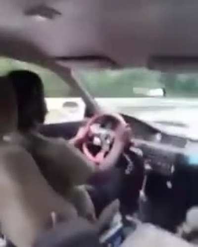 Wrecks the car and pulls the handbrake.