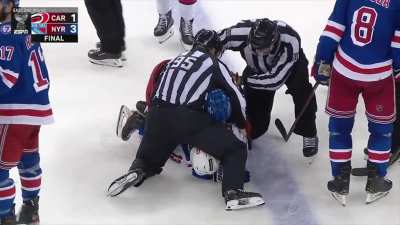 Domi and Lindgren get into it at the end of the game. DeAngelo starts yapping at the Rangers' bench and Gallant tells him to "Shut the fuck up"