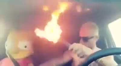 Bart and some dude raving in a car