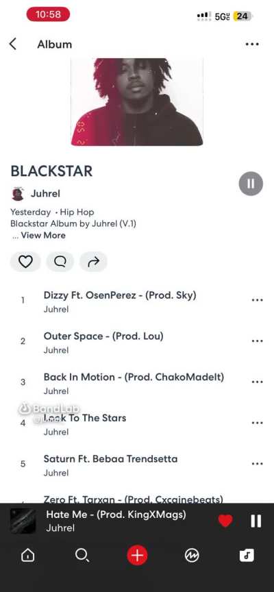 I dropped a project called “BLAC<wbr>KSTAR<wbr>” on Bandlab. This song playing is called “Hate Me”