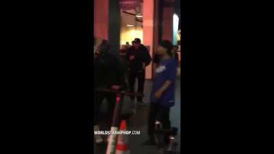 Guy sucker punches multiple skaters after a conflict, gets taken down and TRUCK SLAMMED with a board
