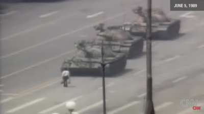 Footage of the "Tank man". Tiananmen Square Massacre 1989