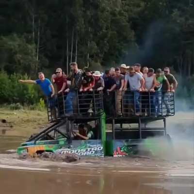 Family and Friends ride in a Monster Truck just to sink in water.