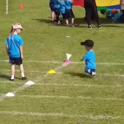 Nathan, 7, with dwarfism participated in his first sports day. He was offered a head start but refused as he wanted to be like his class and start with them. With Nathan falling begging his mate didn&rsquo;t want him to be alone and finish last, so she stopped 