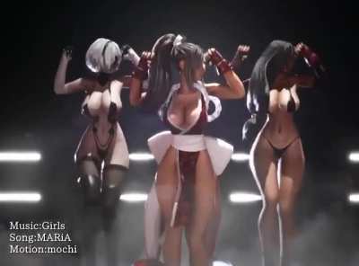 2B And Mai Shiranui Dancing (Tifa Joined) (3D Ikeda) [Nier Automata, KoF, FF7]