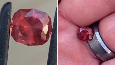 1.96ct Tanzanian Malaya Garnet, full of silk. Cut in Alexandre Wolkonsky’s “MB Chevron Cushion”. 8.0x6.9x5.0mm. $400+s/h