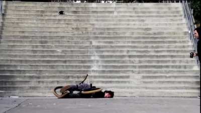 While jumping off stairs