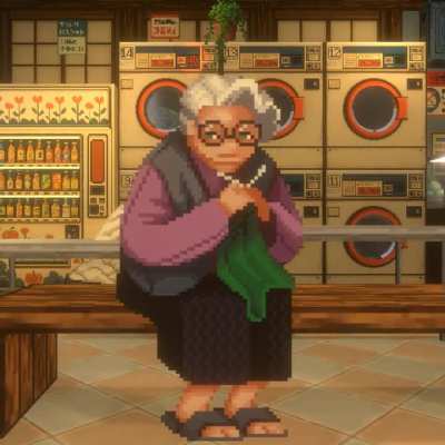 Grandma knitting while the laundry spins