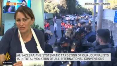 Follow-up on the attack on Al Jazeera journalist, Givara Budeiri. One of the Israeli soldiers told her: 'we will shut you up, you, all of Al Jazeera, here on the ground, so all of the journalists will shut up.'