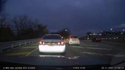 Fiat skips long line of traffic by taking the wrong exit only lane and merging over at the last second, me and the Chevy don&rsquo;t let him.
