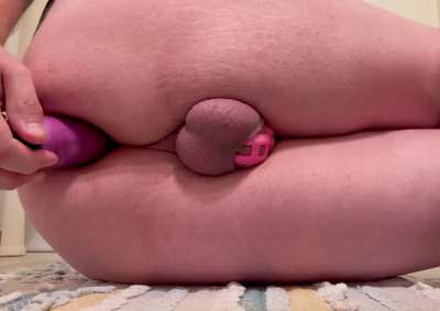 Super basic sissygasm. Classic caged anal sex until cum.