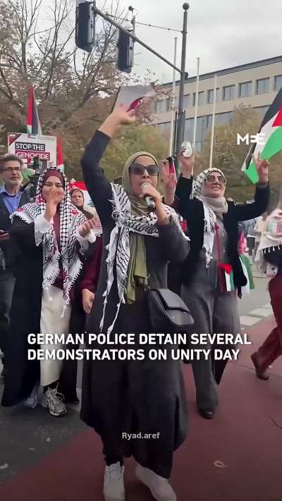 German police were seen violently detaining several anti-genocide protesters during Unity Day demonstrations, as protesters gathered to condemn Israel&rsquo;s genocide in Gaza and chanted &ldquo;Free Palestine&rdquo;.