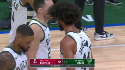 [Highlight] Giannis Ad&eacute;t&ograve;kunbọ̀ uses his whole body (and face!) battling for the rebound leading to a Damian Lillard three-pointer