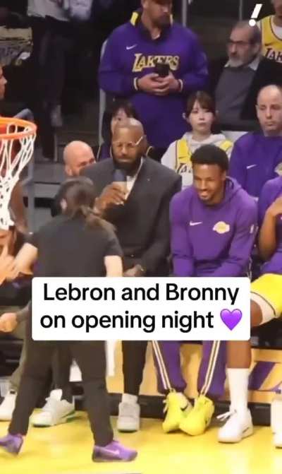 LeBron &amp;amp; Bronny chatting on opening night