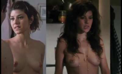 Marisa Tomei doing her signature topless lip bite at age 27 and 41