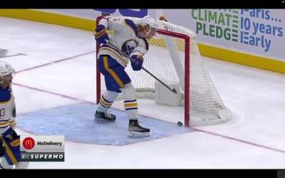 Rasmus Dahlin takes his anger out on the puck after the Kraken hit the empty net