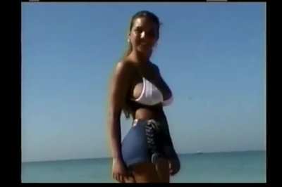 Christina Model - White bikini and denim shorts