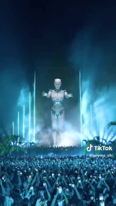 Massive robot visuals during Anyma's set in Tulum.