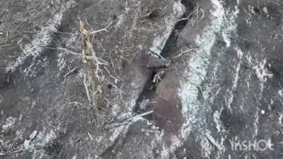 Russian soldier after his position is bombed by a Ukrainian drone munition surrenders to a drone which leads him to a Ukrainian trench