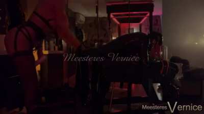 Rubbergimp tied to the bench, I have a bottle of lube. I open the zipper of his latex suit, and tease his asshole. What will happen next?