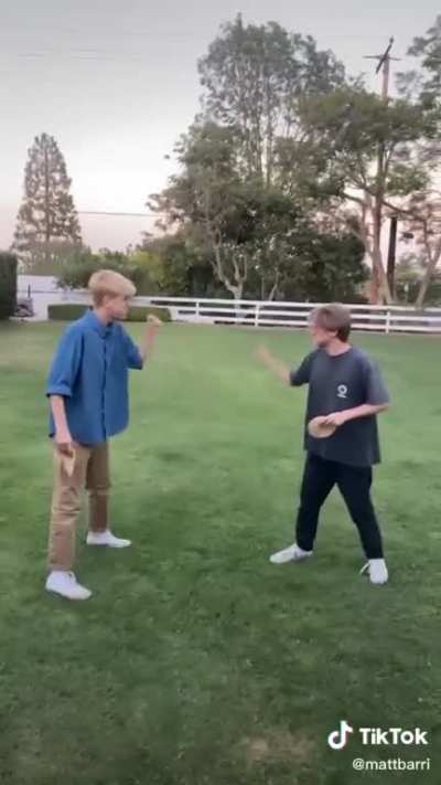 EDM producer Matt Barri's version of rock paper scissors... you have a mouthful of water and if you lose you get slapped by a tortilla