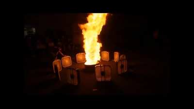 Summoning a fire tornado with the help of fans