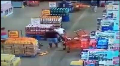 Woman touches man with shopping cart