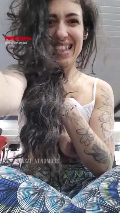 High at the gym, I forgot my bra and then I flashed my tits. [GIF]