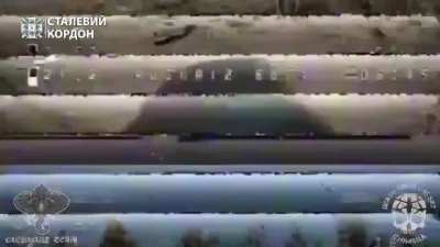 MT-12 (2A29) 100 mm anti-tank gun hit by an FPV drone from the 15th Mobile Border Detachment "Steel Border" in an area with heavy EW signal interference.  Kharkiv direction.  (Published on 13/March/2024)