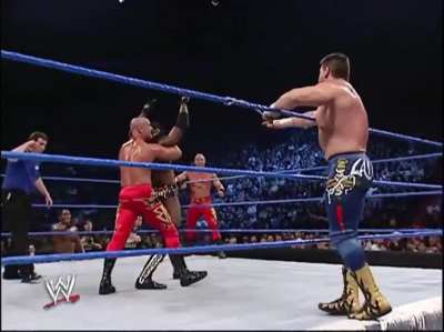 Eddie Guerrero shenanigans: messing with the tag rope.