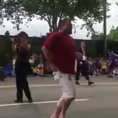 He's literally getting kicked on his way out.