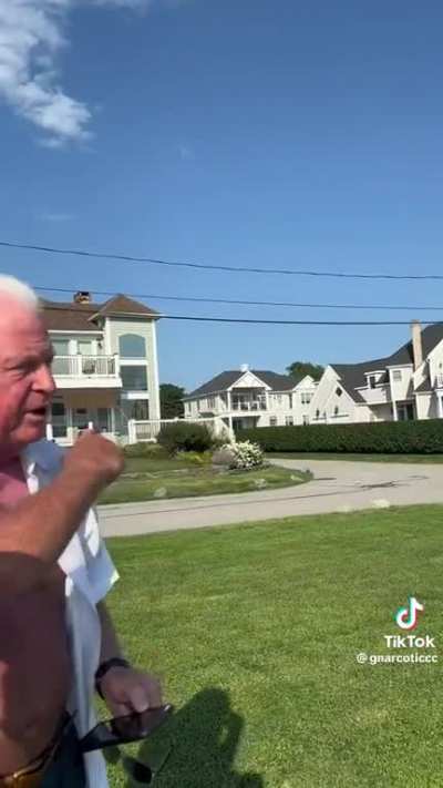 Old man wants him off the property but the younger guy keeps looking for the public access