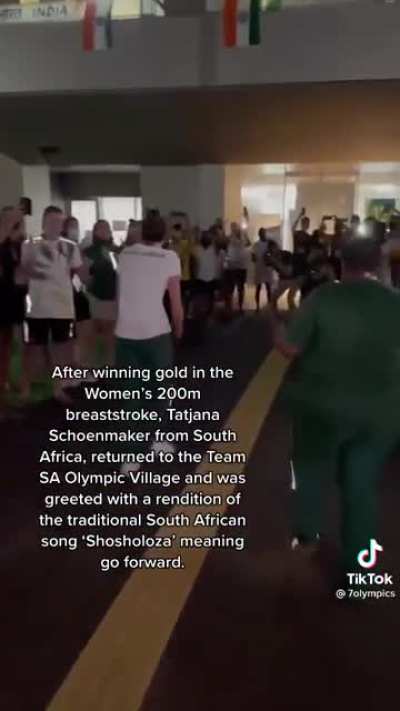 After winning gold in the women&rsquo;s 200m breaststroke, Tatjana Schoenmaker from South Africa, returned to the team Olympic Village and was greeted with a rendition of the traditional South African song &lsquo;Shosholaza&rsquo; meaning &lsquo;go forward.&rsquo;