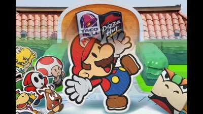 Paper Mario is at the combination pizza hut and taco bell