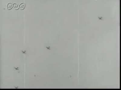 Japanese Newsreel footage showing A6M Zero fighters engaging US B-24 and B-25 bombers during an attack on the Japanese base at Rabaul, New Britain in the Southern Pacific (1943)